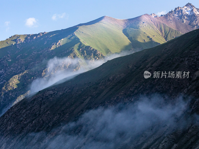 夏天新疆伊犁，晨雾中的山和森林的自然风景