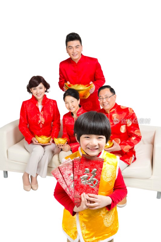 棚拍中国新年快乐的唐装家庭