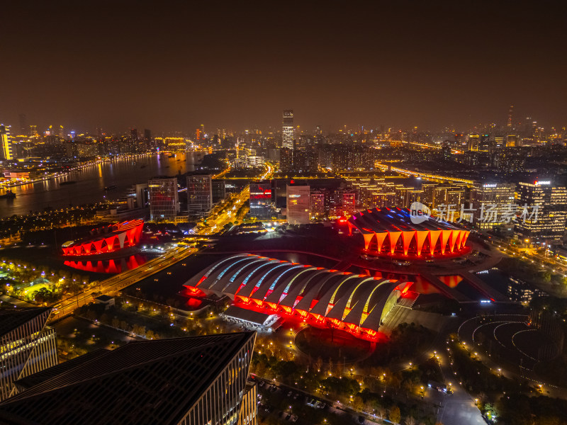 航拍上海前滩金融区夜景