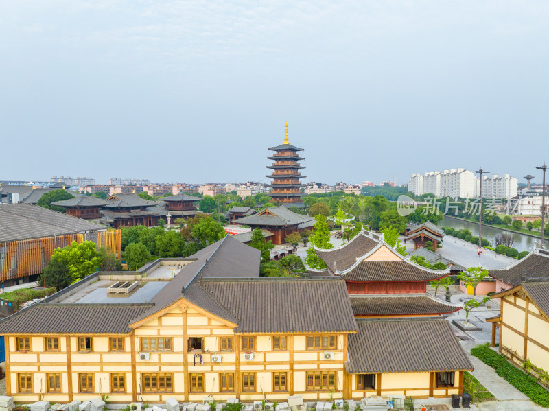 航拍上海宝山寺佛教寺院自然风光