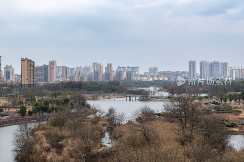 城市河畔景观与林立高楼的远景画面