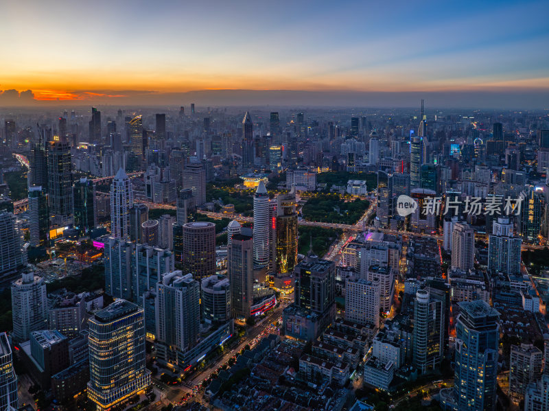 航拍上海浦西CBD高楼群夜景亮化