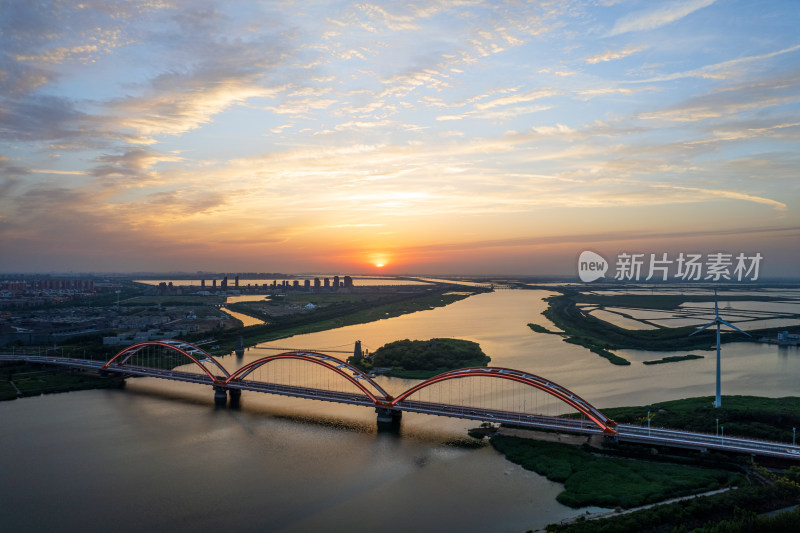 天津滨海生态城永定新河彩虹桥城市风光航拍