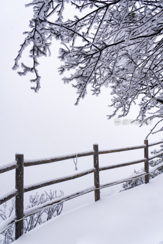 寒冷冬季景区雪后栈道