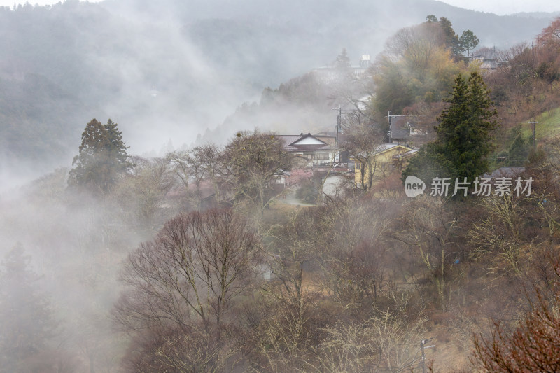 山间雾气缭绕的村庄景象