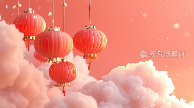 3D中国风场景，灯笼和云彩