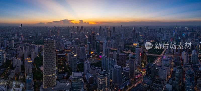 航拍上海浦西CBD高楼群夜景亮化