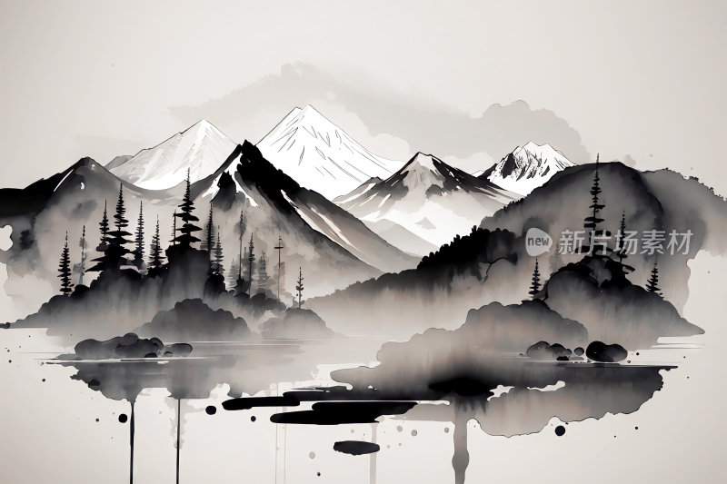 中国风水墨水彩山水插画