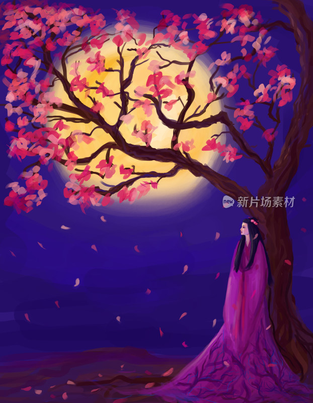 古装女子月下倚花树场景