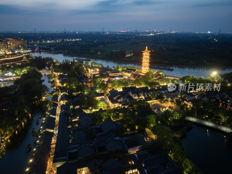 浙江嘉兴桐乡乌镇西栅景区江南水乡航拍夜景