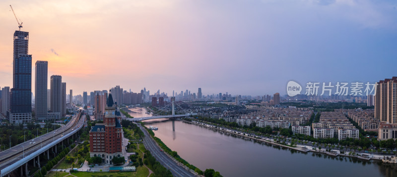 天津海河富民桥城市建筑日落晚霞风光航拍