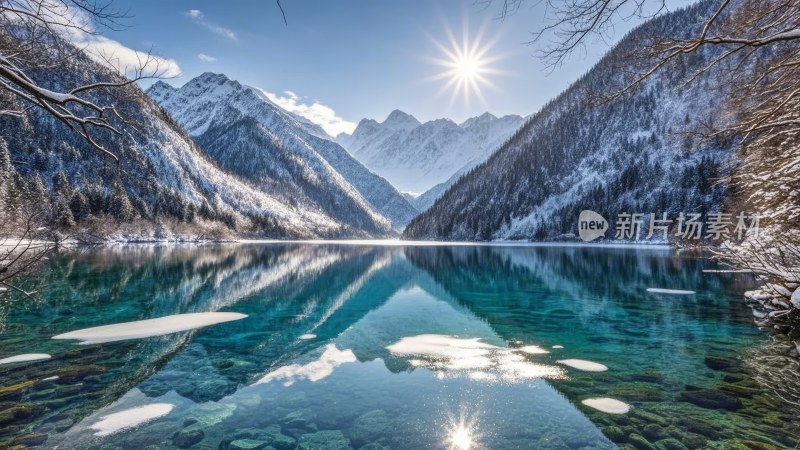 九寨沟雪山环绕的清澈湖泊雪景