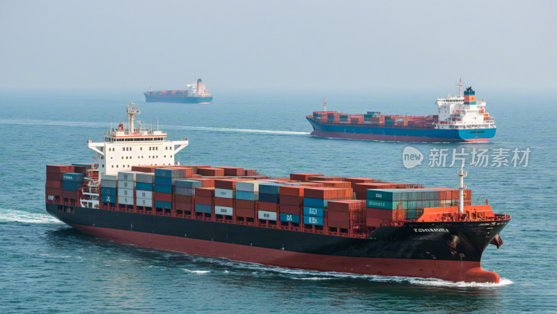 海上航行的两艘货轮特写