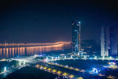 航拍大连市星海湾大桥夜景