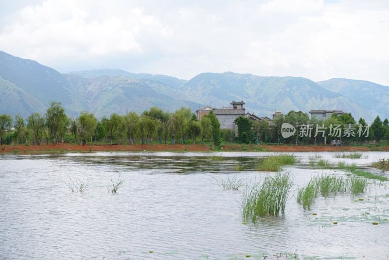 乡村水边绿树倒影景象