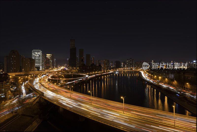 晚高峰天津立交桥车流街道交通夜景航拍