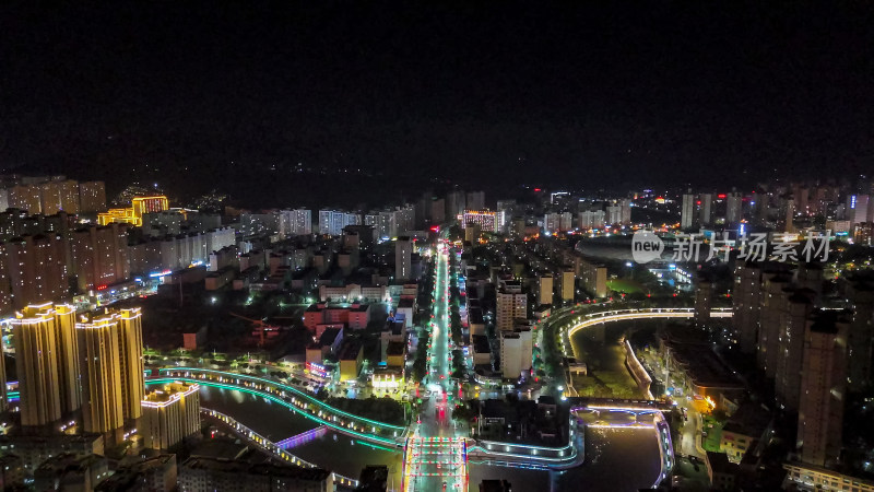 甘肃定西城市夜景灯光航拍图