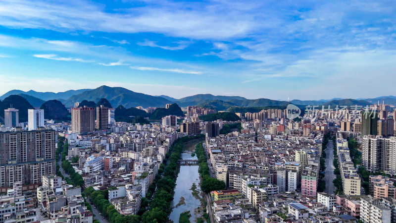 广东云浮南山河城市风光航拍