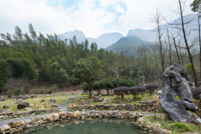 山林间有池塘的自然景观