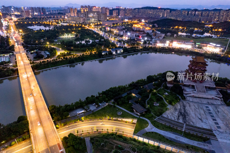 宜宾城市夜幕降临夜景灯光航拍图