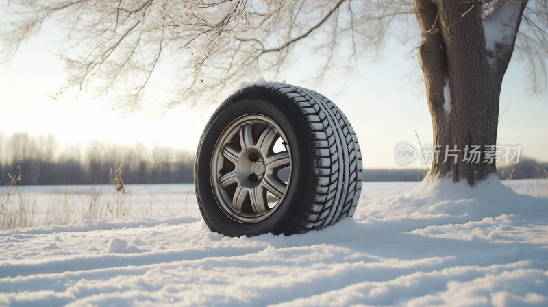 一只汽车雪地备胎放置在被新雪覆盖的地面上