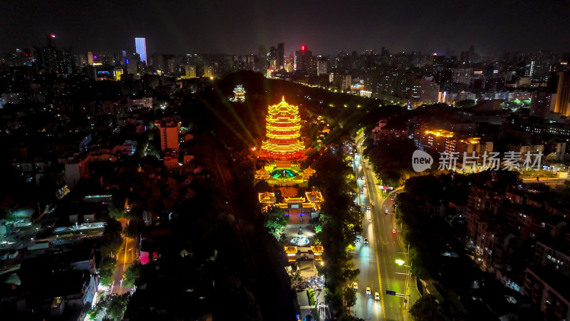 湖北武汉黄鹤楼夜景灯光秀航拍图