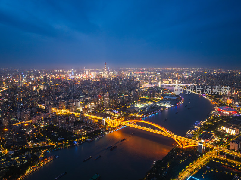 航拍上海城市夜景卢浦大桥世博园