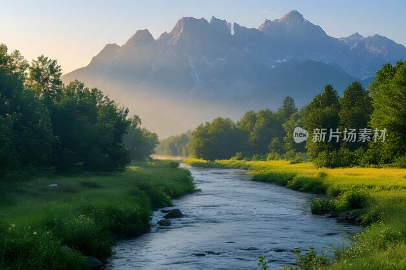 河流树木山峰天空风景