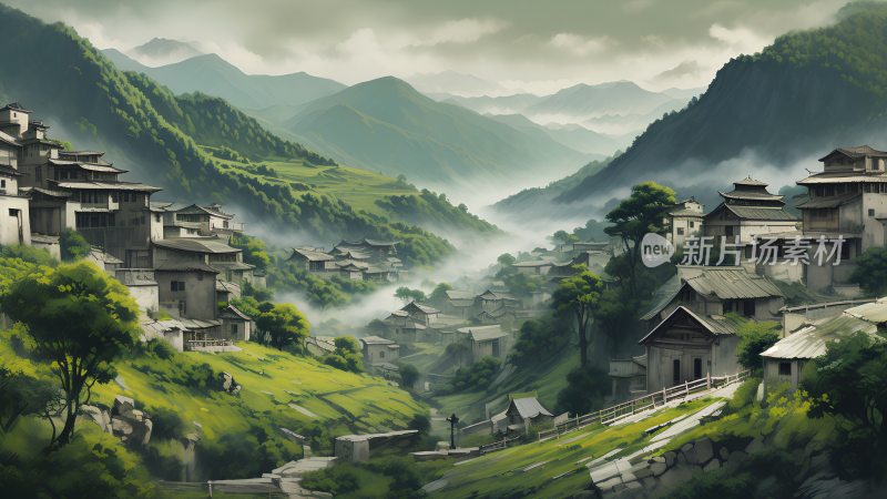 春天清晨云雾缭绕的山村村庄