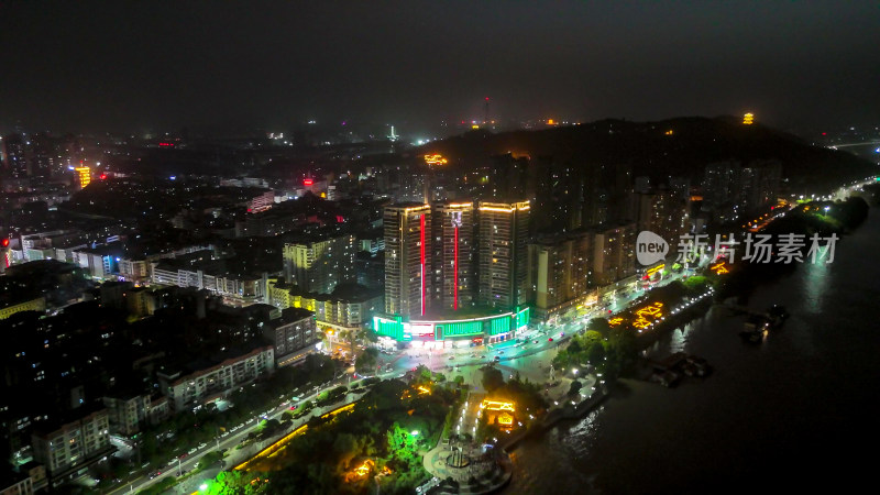 航拍湖北鄂州城市大景夜景交通