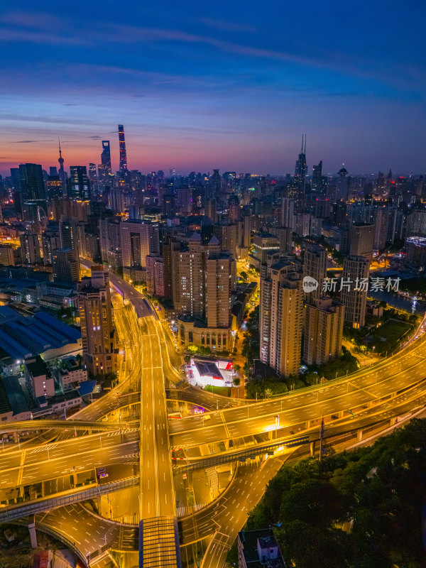 日出航拍上海外滩立交桥高架桥夜景