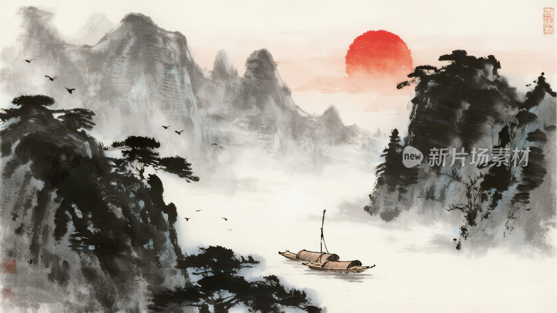 中式水墨山水日出禅意意境背景