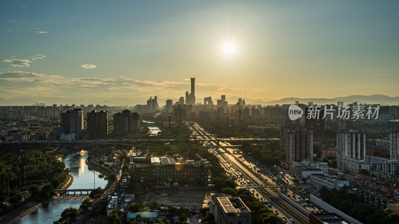 北京阳光照耀下的城市建筑鸟瞰全景