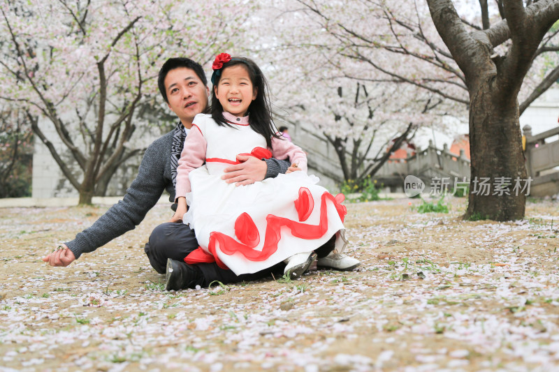 春天父女在樱花林中开心玩耍 亲子陪伴
