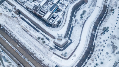 山西晋中平遥古城雪景航拍风景宣传