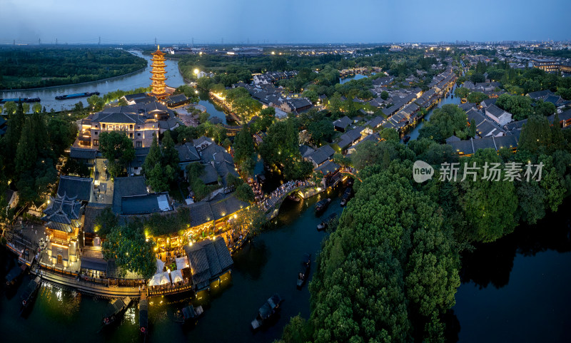 浙江嘉兴桐乡乌镇西栅景区江南水乡航拍夜景