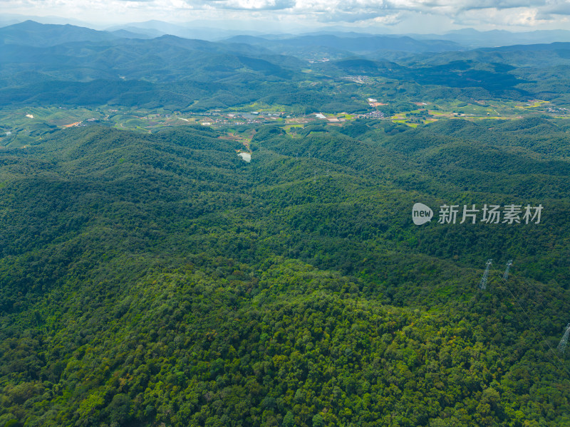 航拍天空高山农田田园村寨风光