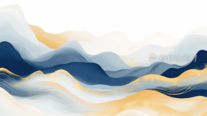 新中式山水画，蓝金色渐变抽象背景
