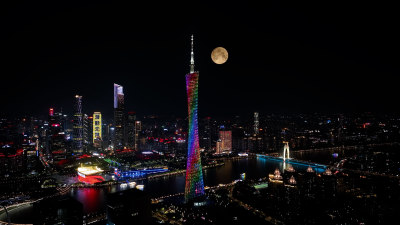 广州城市月亮延时夜景城市中秋节月亮升起来