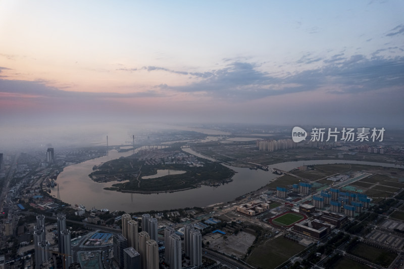 天津海河日出朝霞城市风光