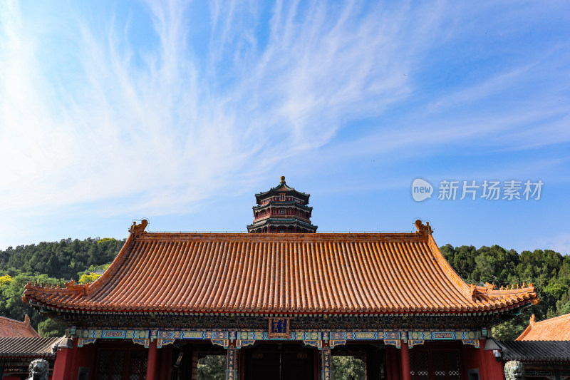 蓝天白云下的北京颐和园万寿山佛香阁排雷门