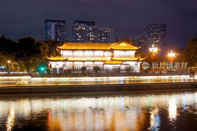 城市夜景建筑府河廊桥