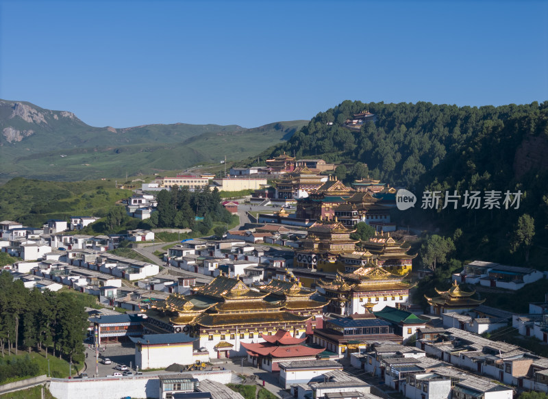 甘南郎木寺全景寺院金顶建筑航拍