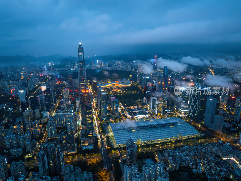 深圳福田CBD大湾区平安大厦夜景蓝调航拍