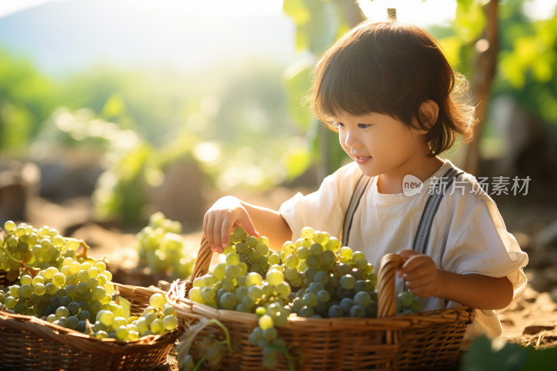 可爱小孩在农场果园采摘葡萄