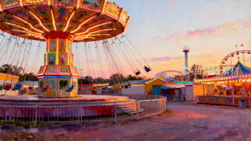 游乐园黄昏时的旋转飞椅场景