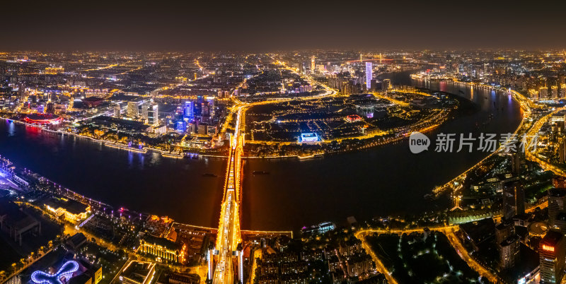 航拍上海卢浦大桥和黄浦江夜景