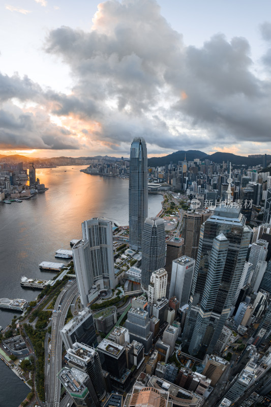 香港维多利亚港CBD中环夜景日出高空航拍