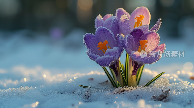 雪中绽放的紫色番红花