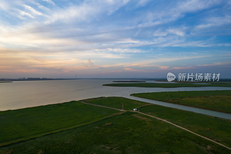 天津团泊湖稻田日落自然风光